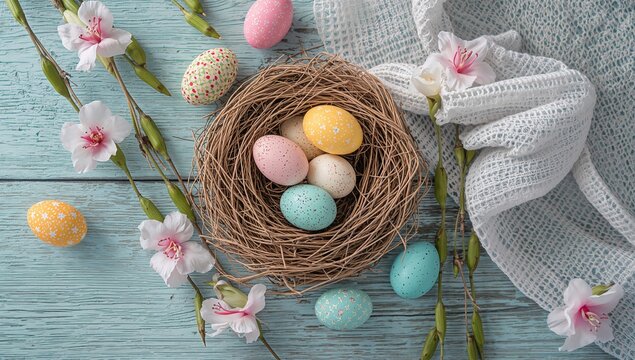 Colorful Easter Eggs in a Nest Surrounded by Flowers and Fabric on a Wooden Table