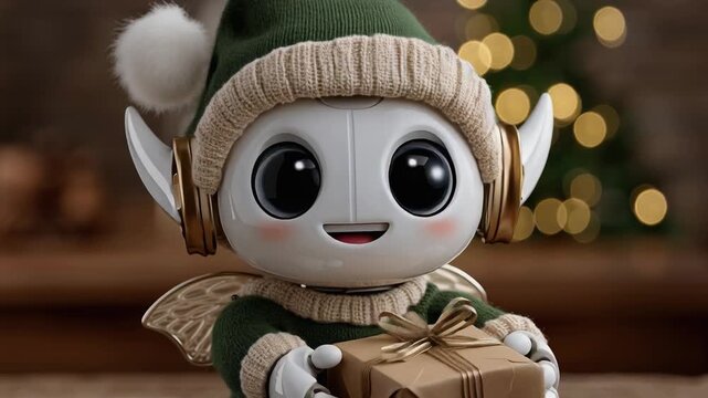 Cute humanoid robot dressed as Christmas elf wrapping gifts at workshop table, warm fairy lights glowing in background, adorable futuristic holiday video