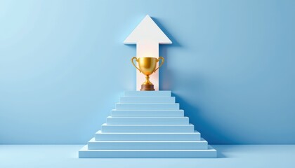 Golden Trophy on Steps with Upward Arrow Against Blue Background Symbolizing Achievement and Success
