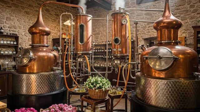 Distillery ambiance: copper stills in rustic setting with floral accents and soft light