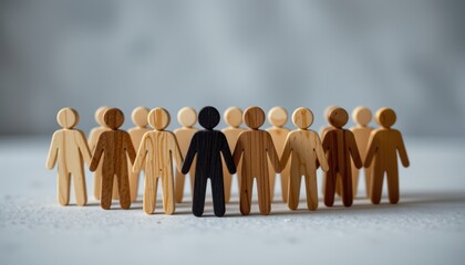Diverse Group of Wooden Figurines Holding Hands to Represent Unity, Inclusion, and Togetherness in a Minimalistic Setting
