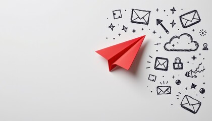 Red Paper Airplane with Hand-Drawn Doodle Icons Representing Communication and Connectivity on Clean Background