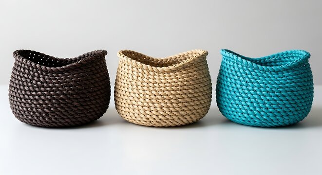 Three Woven Baskets in Brown, Beige, and Blue on White Surface.