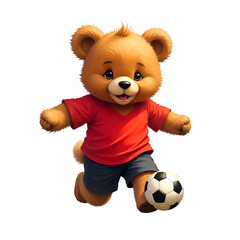 Teddy bear playing soccer with a ball, active and happy cartoon character (Transparent Background)