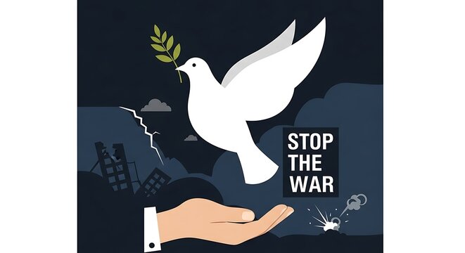 White dove of peace with olive branch flying over a hand and war-torn landscape, with STOP THE WAR text.