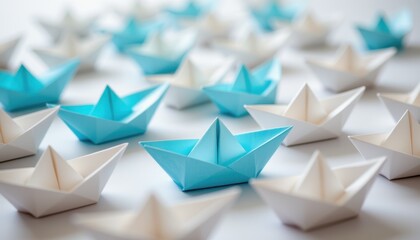 Colorful Origami Paper Boats in Various Shades of Blue and White Floating on a Light Background
