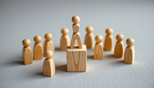 Wooden Figurines Representing Leadership and Teamwork in a Professional Setting with a Central Figure on a Pedestal