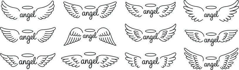 Minimalist angel wings and halo line art design collection featuring elegant handwritten typography, divine spiritual symbols, © Gustave McClure