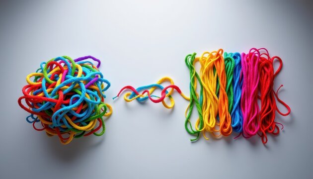 Colorful Yarn Ball and Neatly Arranged Strands on a Plain Background for Craft and Textile Projects