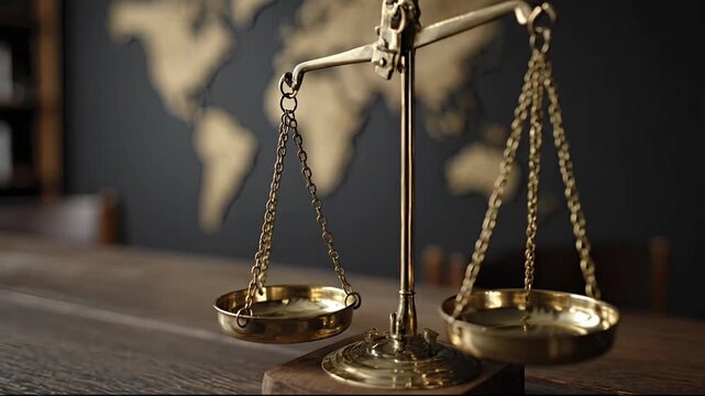 A polished brass balance scale on a dark wooden surface with a blurred world map in the background