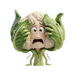 Scared cauliflower character with worried expression clutching its leaves in fear, evoking anxiety and emotional vulnerability in a fun way
