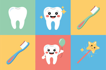 Cute dental hygiene tiles, happy tooth character, toothbrush, sparkling enamel star, colorful squares background, kids oral care vector