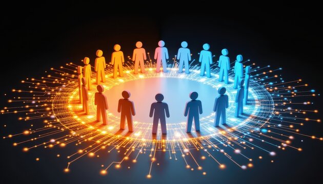 Diverse Group of People Standing in Circle Surrounded by Digital Particles Symbolizing Connection and Communication in Technology