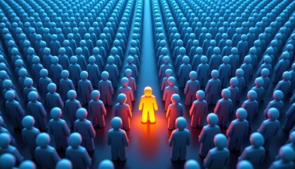 Obraz premium Abstract representation of individuality standing out among a crowd of identical figures in a digital environment