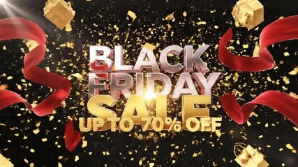 A promotional graphic with 3D text for a Black Friday Sale surrounded by gold confetti gift boxes and a flowing red ribbon