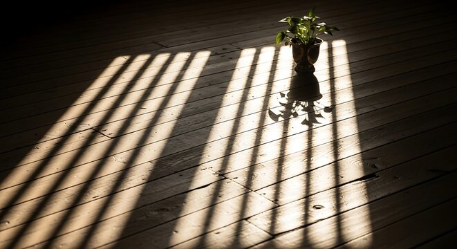 Sunlight Stripes on Wooden Floor with Plant Silhouette.