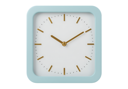 Modern Blue Clock with Golden Hands Isolated on Black Background