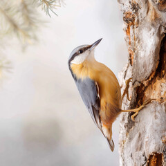 Eurasian nuthatch bird clinging to tree trunk in winter with orange and gray plumage