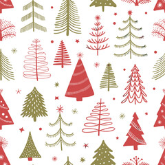 Seamless festive Christmas tree pattern with hand drawn red and green holiday trees, decorative winter background for wrapping paper and design