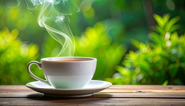 A white teacup sits on a saucer with rising steam and lush greenery