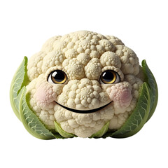Whimsical cauliflower character smiling sweetly with expressive eyes, perfect for healthy eating campaigns, children's education, and vibrant kitchen decor