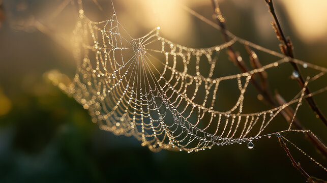 dismembering. A spider web with morning dew drops, backlit by soft sunlight. wildlife magazines, conservation campaigns, designed for eco-tourism storytelling, used by chefs.