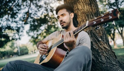 Young man playing an acoustic guitar outdoors by a tree