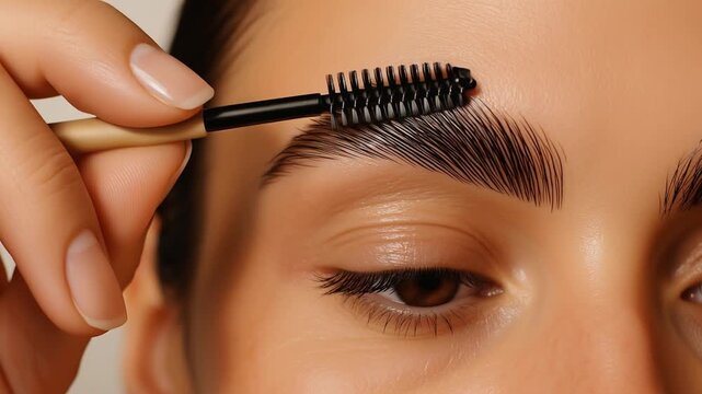 close-up video of female hand brushing eyebrow upward with spoolie brush during lamination process, macro shot make-up, beauty