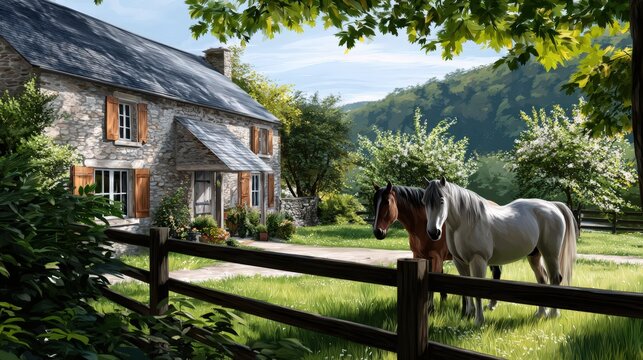 Norman farm house and two horses in rural countryside - Powered by Adobe