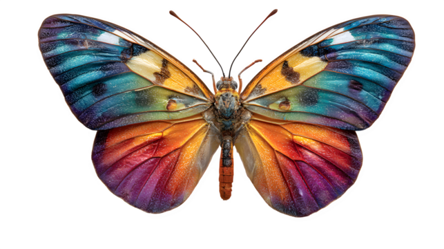 Colorful tropical butterfly with gradient rainbow wings and soft shadow, natural insect photography aesthetic for nature theme, isolated on white background