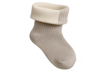 Soft beige baby sock with cream cuff providing warmth and comfort for newborn infants, transparent background
