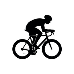Silhouette of a male cyclist riding a road bike in a racing position, isolated on