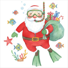 Santa Claus snorkeling in tropical ocean watercolor vector isolated on white background
