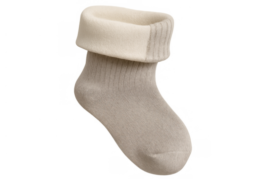 Soft beige baby sock with cream cuff providing warmth and comfort for newborn infants, transparent background