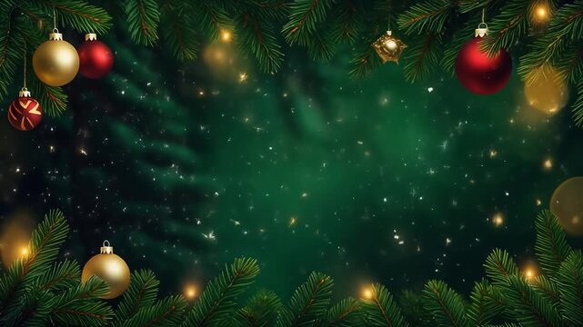 Dark forest green Christmas night scene with soft glowing ornaments, deep moody shadows, fine snowfall particles, tiny magical sparkles floating, elegant gold and red decorations on pine branches, cin