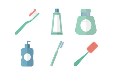 Personal oral care set, toothbrush, toothpaste, antiseptic mouthwash, liquid soap pump, interdental brush, travel hygiene accessories vector