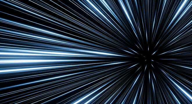 Abstract light speed background with radiating blue lines on black space