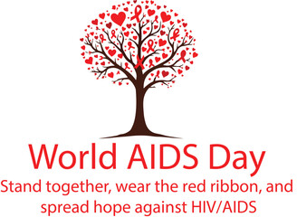 World AIDS Day logo vector with awareness tree, heart-shaped leaves, and red ribbons for solidarity and hope