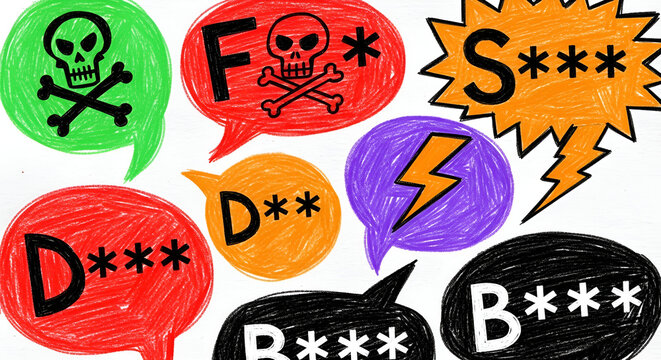 Cartoon speech bubbles with censored curse words, representing conflict and anger
