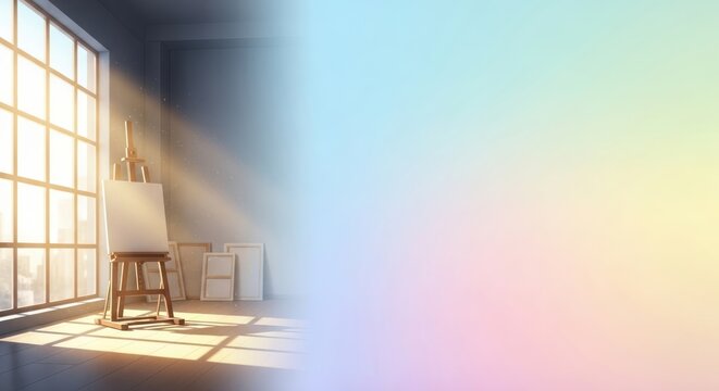Serene artist studio bathed in morning light featuring easel and blank canvas - Powered by Adobe