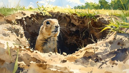 Prairie Dog Peeking Out of Its Burrow in a Grassy Field.