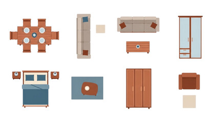 Top-Down View of Various Furniture Pieces Arranged in a Space