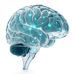 Floating Glass AI Brain With Neon Data Lines on White Background