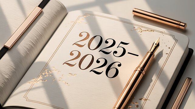 "Elegant 2025-2026 transition with a luxury fountain pen on an open notebook with golden accents"