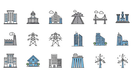 Collection of Architecture and Infrastructure Icons for City and Urban Design