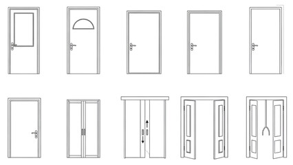 A comprehensive collection of diverse architectural door designs, featuring various modern and traditional styles for building projects