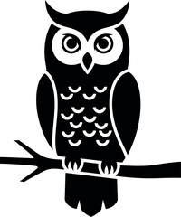 Black silhouette of an owl with large eyes and pointed ear tufts, perched on a branch, isolated on