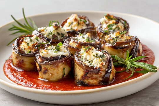 eggplant rollatini stuffed with creamy ricotta and fresh herbs, beautifully arranged on a plate. Warm tones and soft light highlight the texture and appetizing filling.