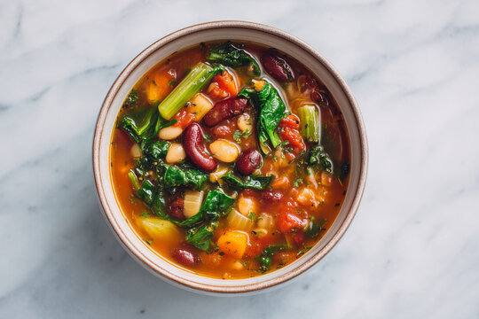 Warm, rustic minestrone soup served in a minimalist bowl, showcasing colorful vegetables and rich broth in a clean, modern food styling.