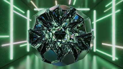 Futuristic 3D animation of a transforming soccer ball in a vibrant neon green tunnel showcasing dynamic geometric patterns and abstract digital art for sports and technology themes. - Powered by Adobe